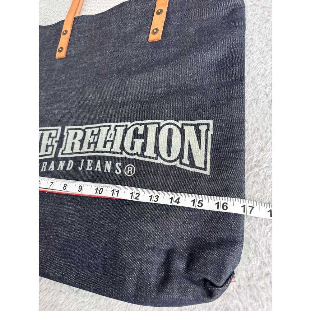 True Religion Denim Lined Tote Bag With Leather Straps & Red Interior NWOT - Picture 3 of 11